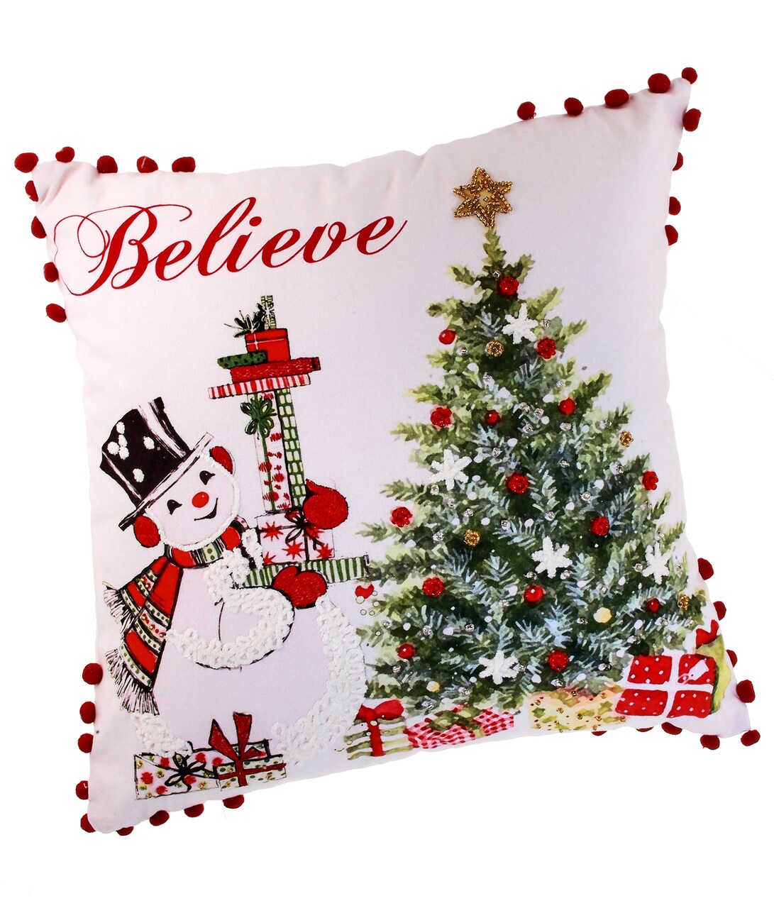 Contemporary Home Living 16" x 16" Red, Green, and White Fabric Believe Snowman Christmas Tree Pillow